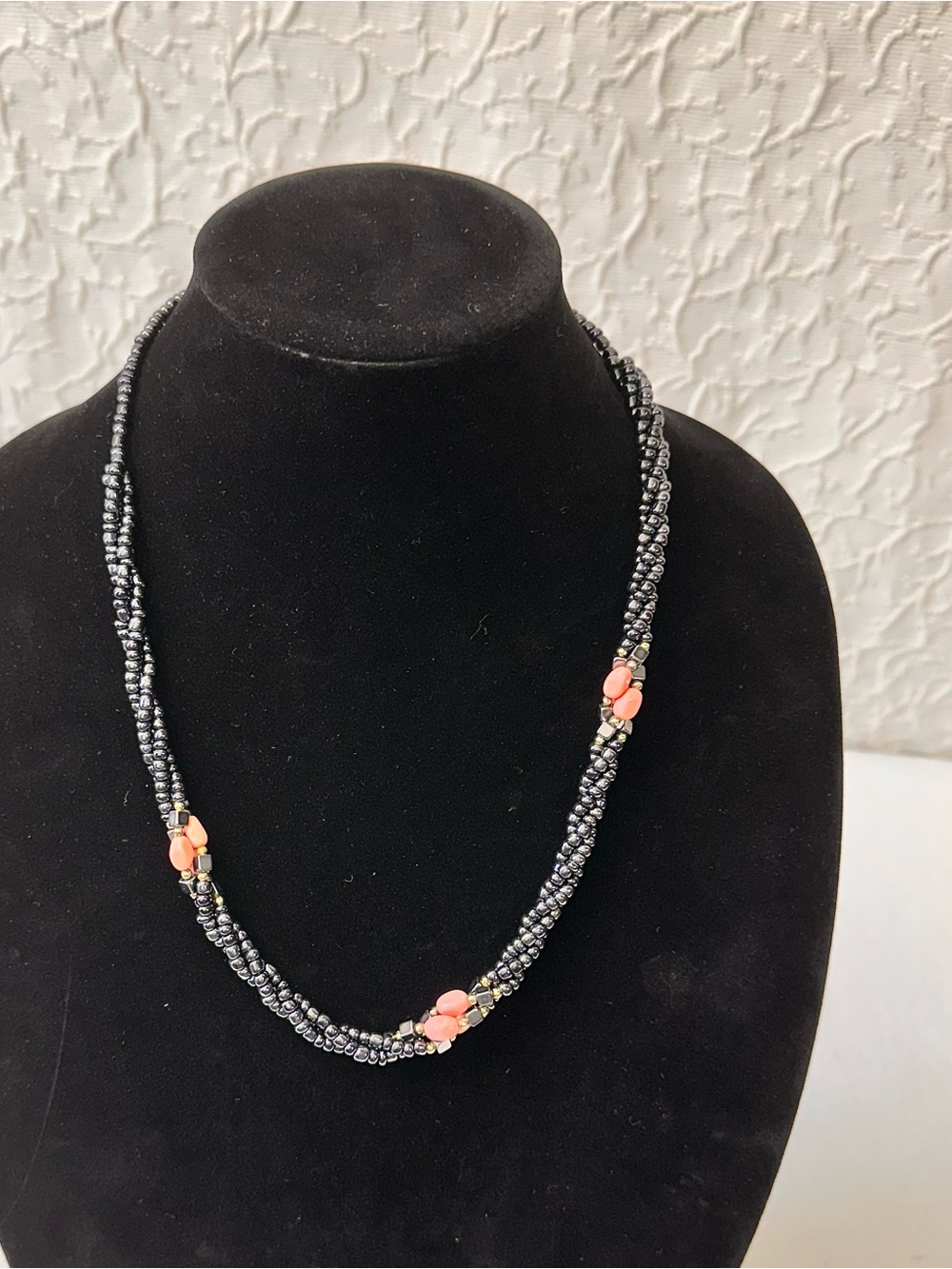 Handcrafted Black Beaded Necklace with Coral Accents